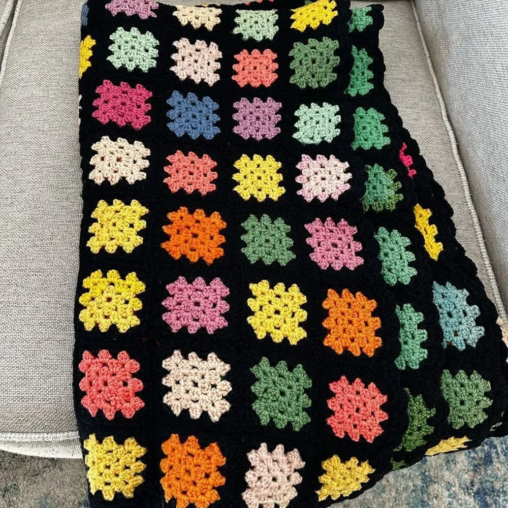 Vintage Colorful Crochet Granny Square Afghan Blanket